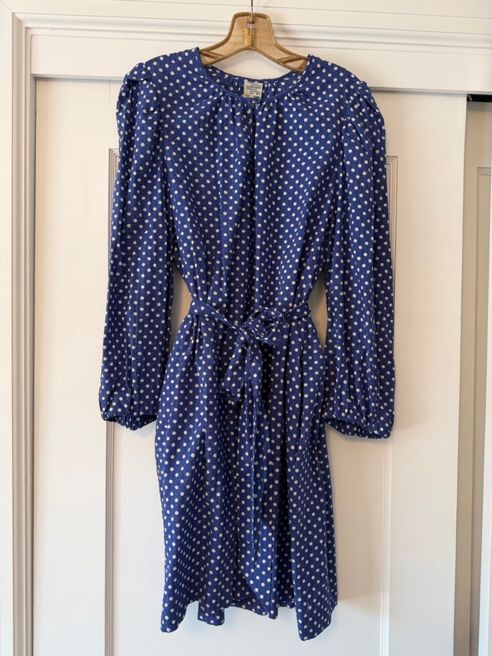 Navy Polka Dot Long Sleeve Tie-Waist Dress